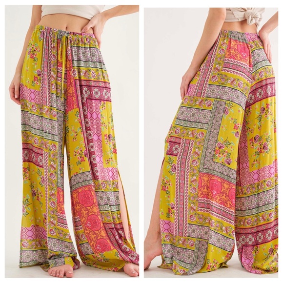 21 Boho Border Print Wide Pants with Side Slits - Picture 2 of 3
